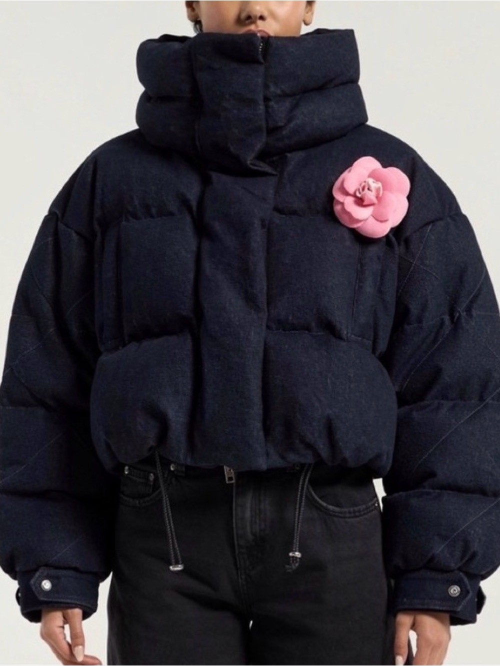 VIAVIA Denim Puffer Jacket – Dark Rinse Funnel Neck Coat